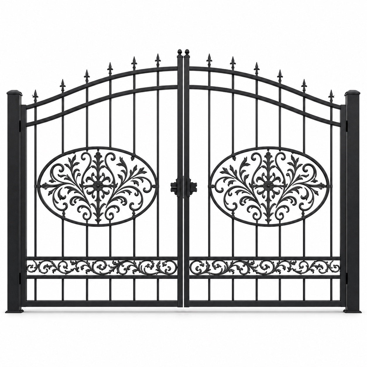 EONE Design 008 bell curve arch double swing estate gate shown as a closed double swing estate driveway gate