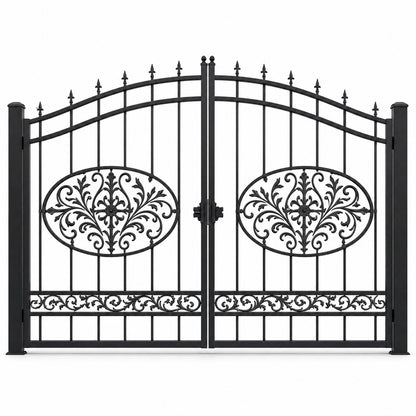EONE Design 008 bell curve arch double swing estate gate shown as a closed double swing estate driveway gate