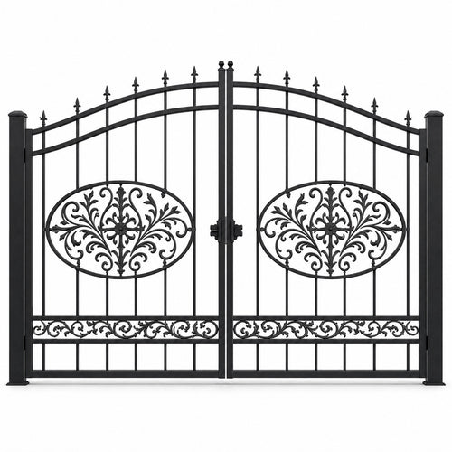 EONE Design 008 bell curve arch double swing estate gate shown as a closed double swing estate driveway gate