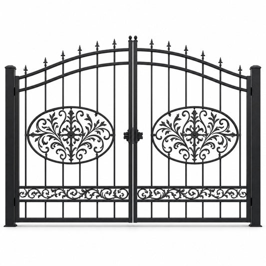 EONE Design 008 bell curve arch double swing estate gate shown as a closed double swing estate driveway gate