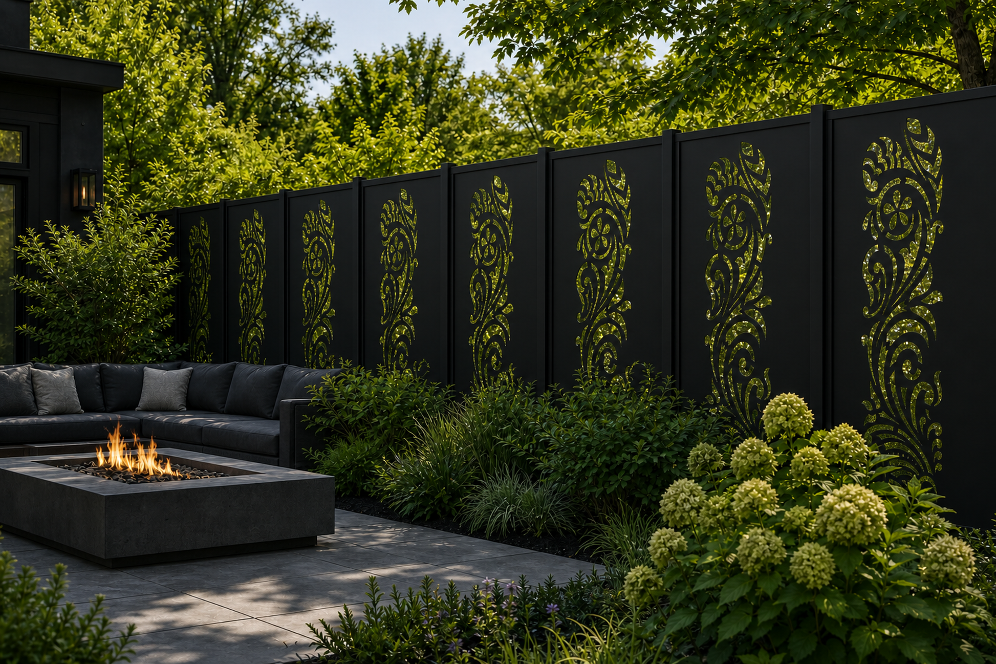 Design 008 Floral Fern Scroll Laser Cut Metal Privacy Screen Panel installed garden daylight view