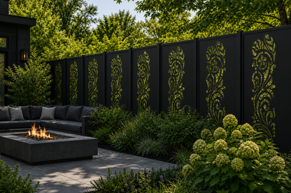 Design 008 Floral Fern Scroll Laser Cut Metal Privacy Screen Panel installed garden daylight view