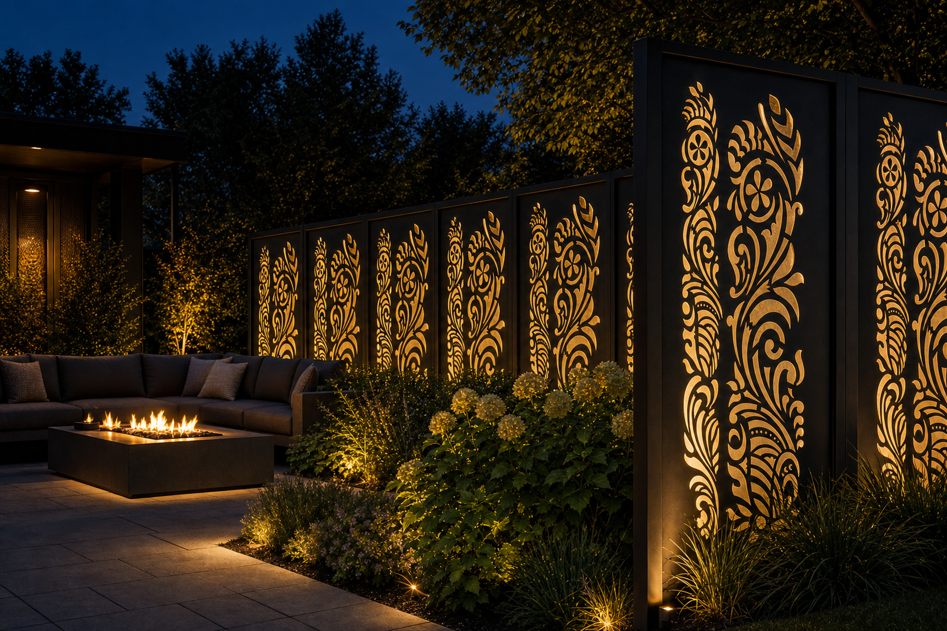 Design 008 Floral Fern Scroll Laser Cut Metal Privacy Screen Panel installed garden night lighting view
