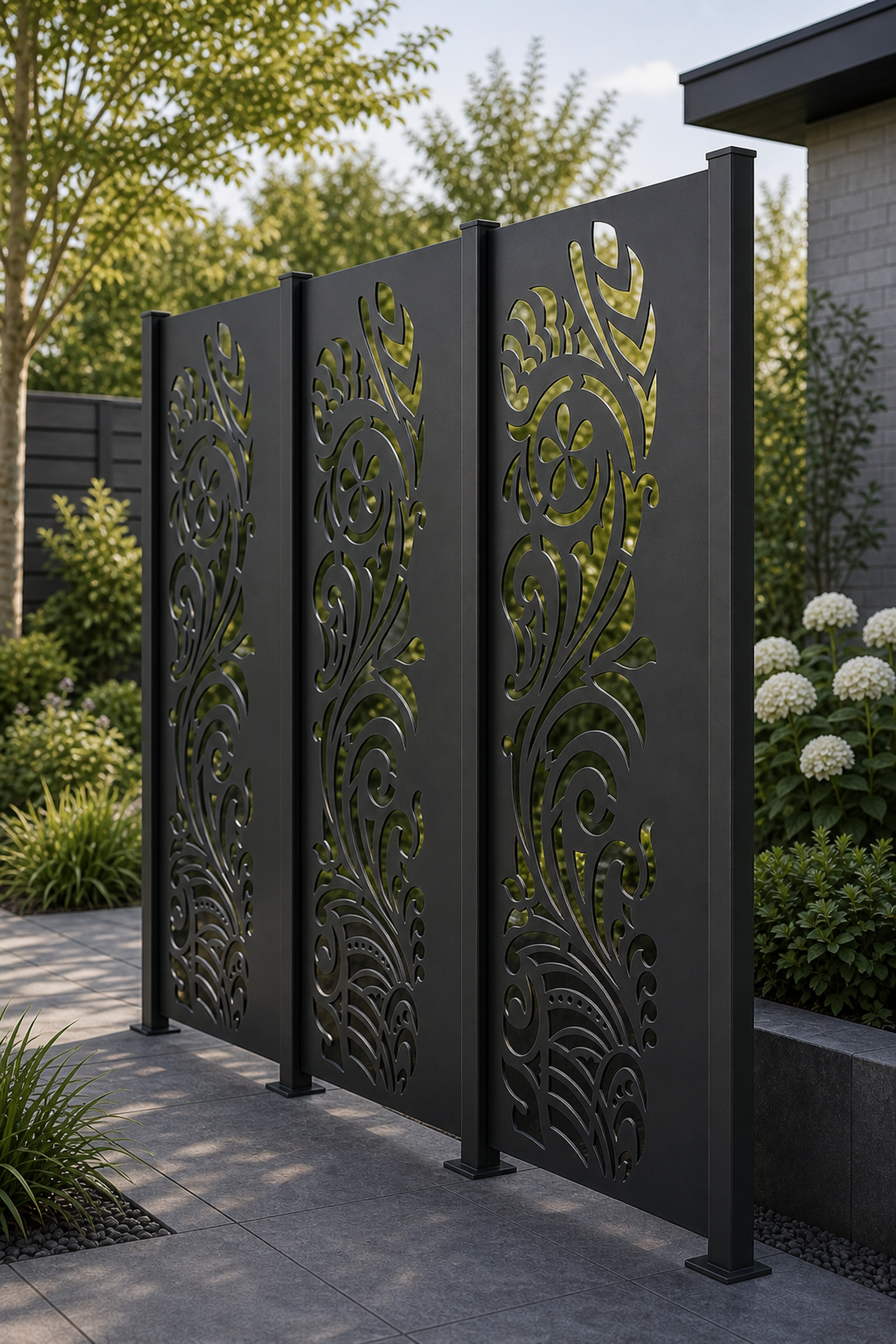 Design 008 Floral Fern Scroll Laser Cut Metal Privacy Screen Panel oblique angle view