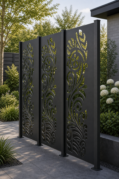 Design 008 Floral Fern Scroll Laser Cut Metal Privacy Screen Panel oblique angle view