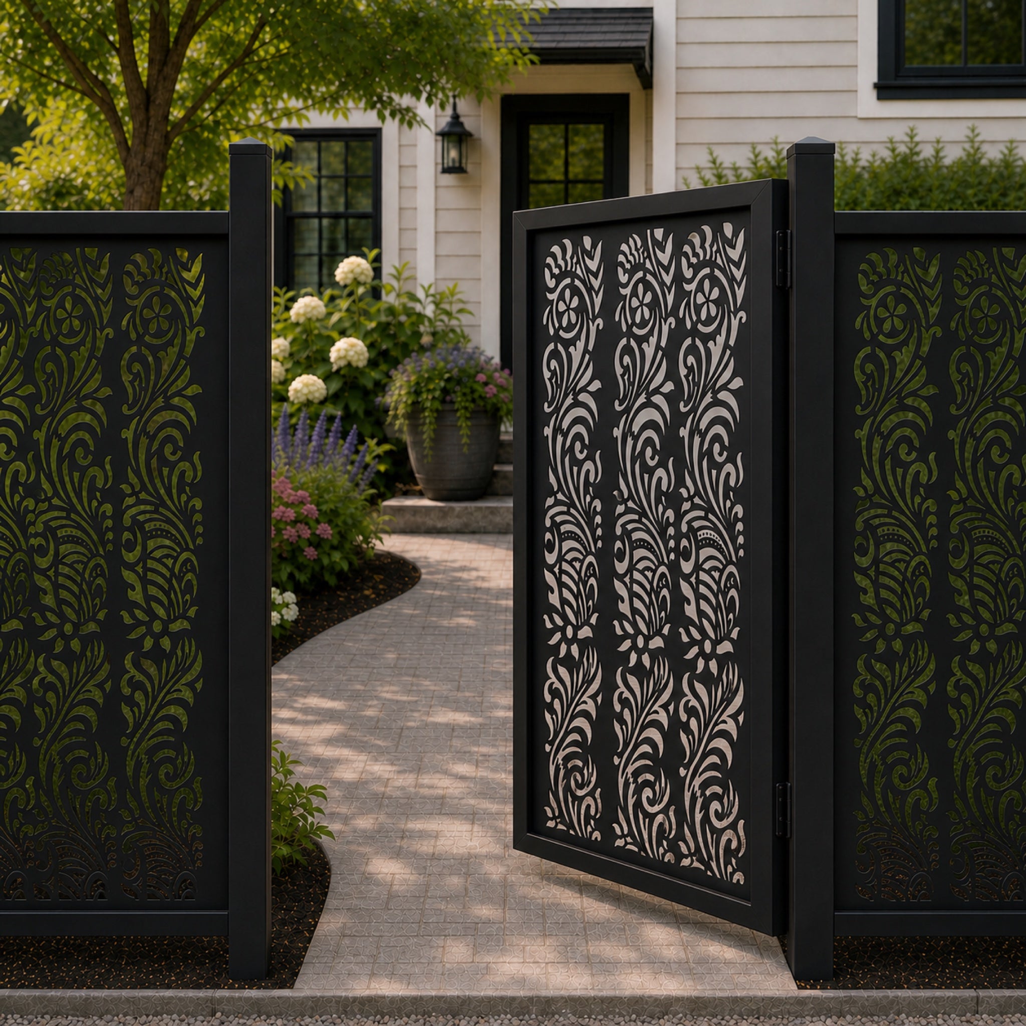 Design 008 floral leaf vine black aluminium side gate open view