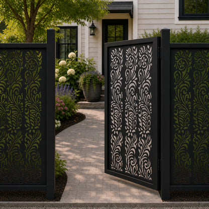 Design 008 floral leaf vine black aluminium side gate open view