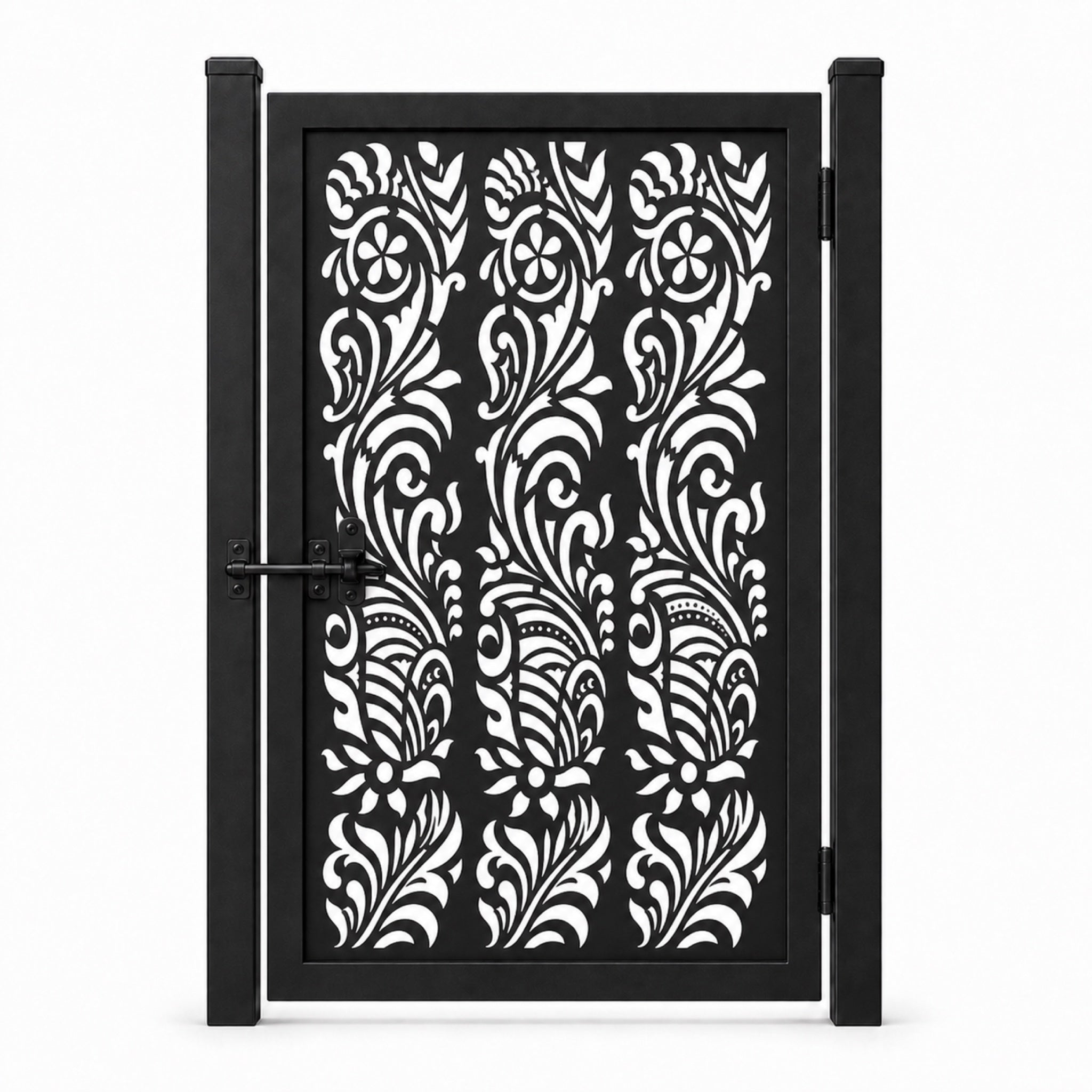 Design 008 floral leaf vine black laser cut metal pedestrian gate closed view