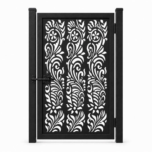 Design 008 floral leaf vine black laser cut metal pedestrian gate closed view