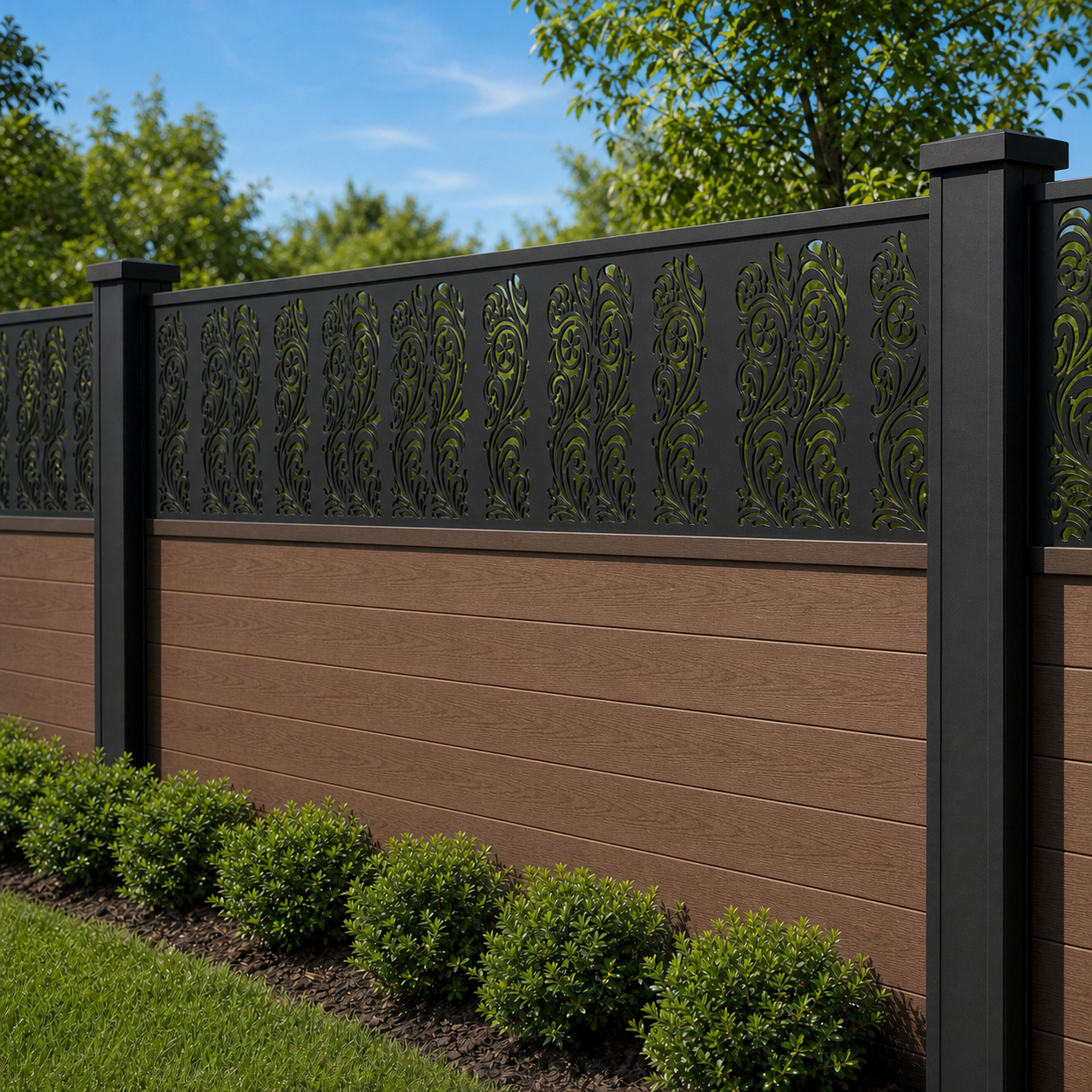 Repeating Reed Stripe laser cut fence extension panel installed on composite fence, angle view, Design 008