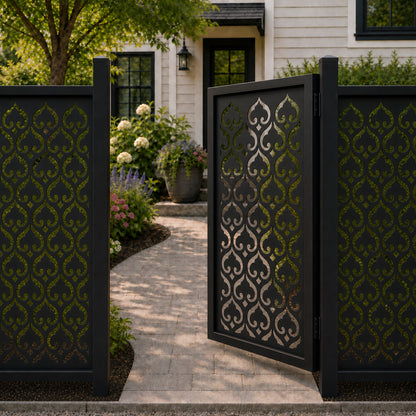 Design 009 heart scrollwork black aluminium side gate open view
