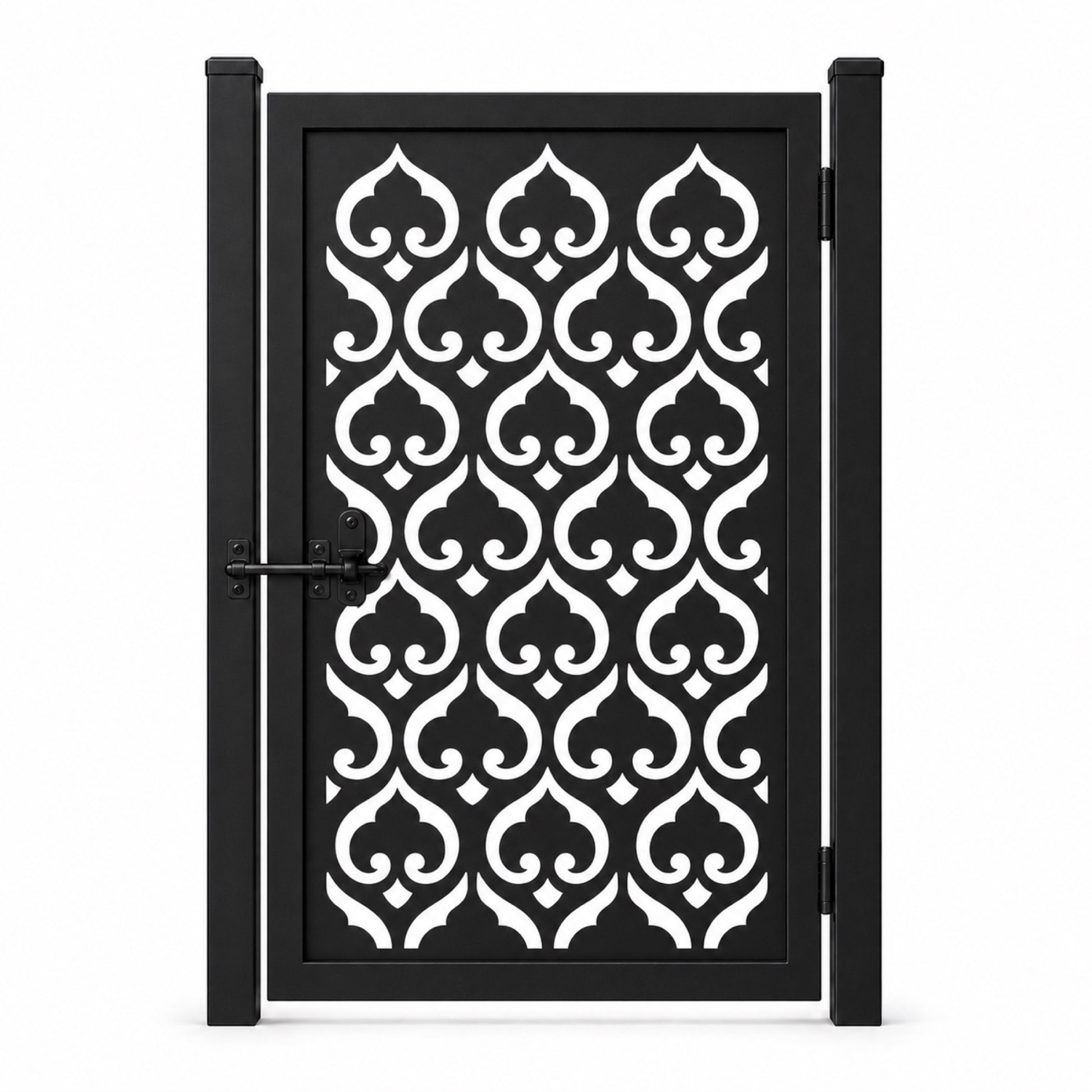 Design 009 heart scrollwork black laser cut metal pedestrian gate closed view