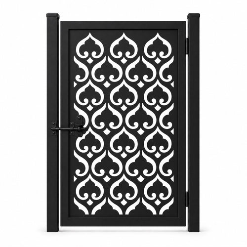 Design 009 heart scrollwork black laser cut metal pedestrian gate closed view