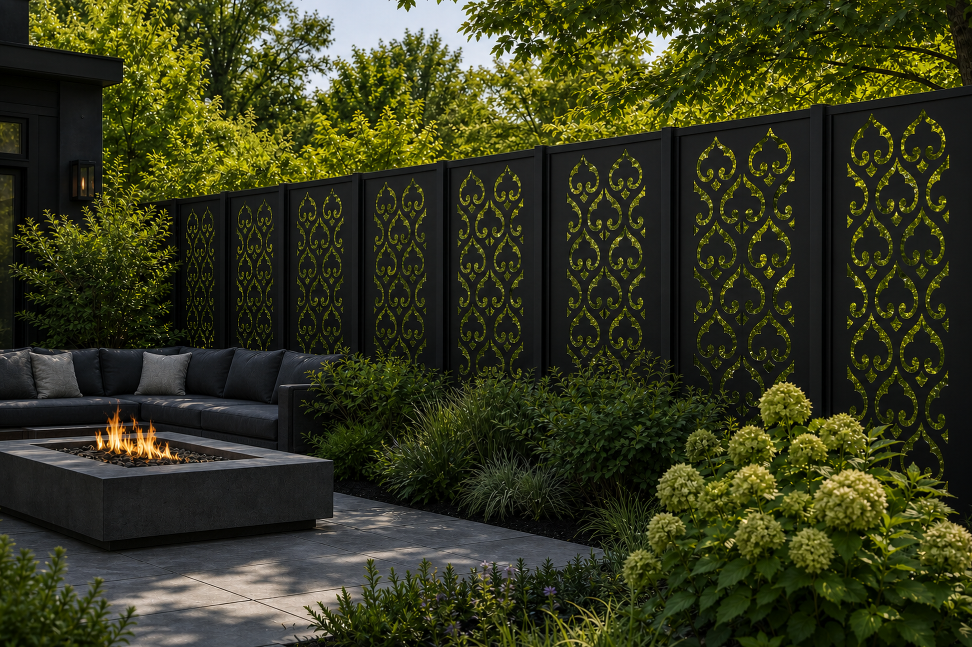 Design 009 Moorish Clover Laser Cut Metal Privacy Screen Panel installed garden daylight view