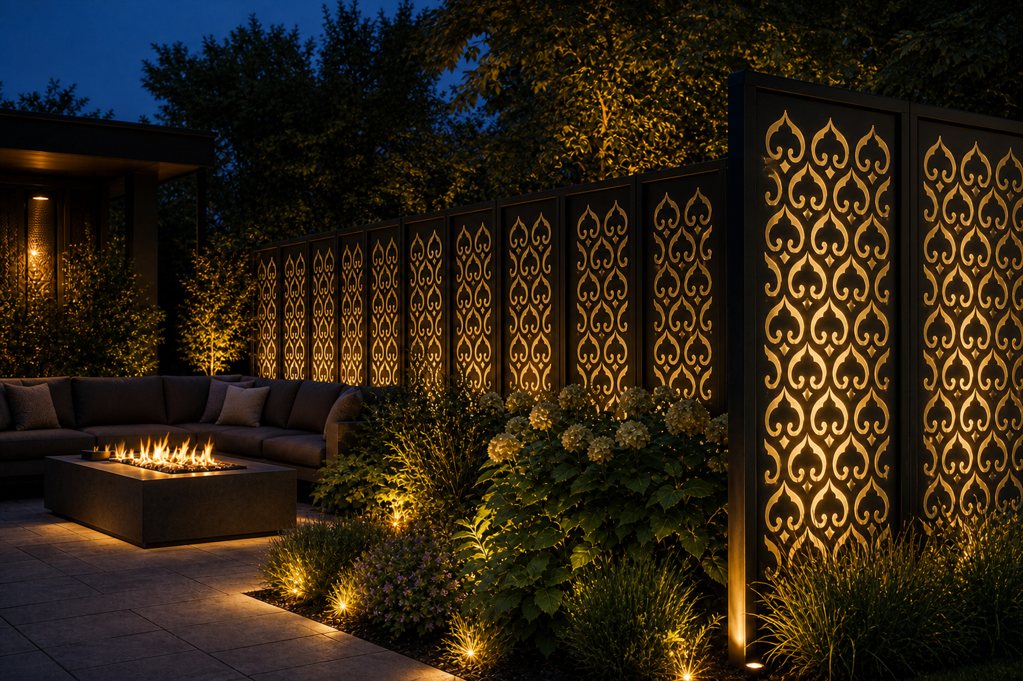 Design 009 Moorish Clover Laser Cut Metal Privacy Screen Panel installed garden night lighting view