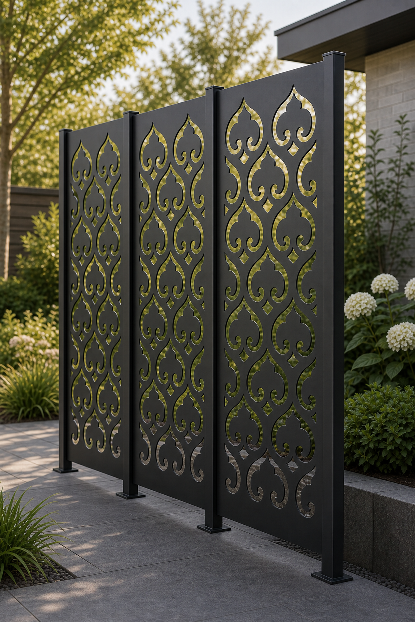 Design 009 Moorish Clover Laser Cut Metal Privacy Screen Panel oblique angle view