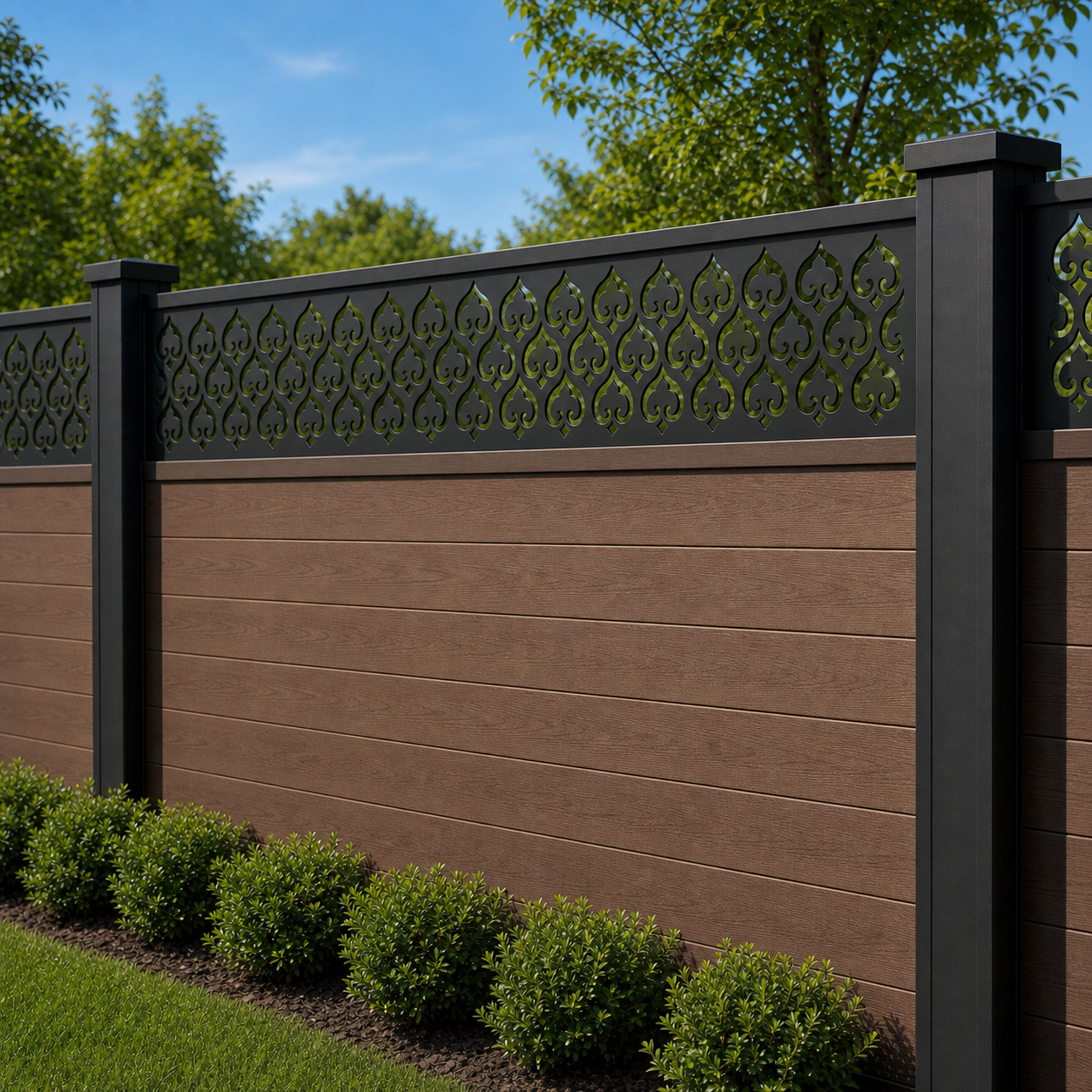 Scallop Wave Arch laser cut fence extension panel installed on composite fence, angle view, Design 009