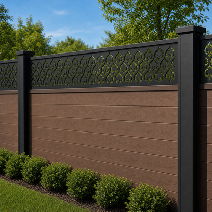 Scallop Wave Arch laser cut fence extension panel installed on composite fence, angle view, Design 009