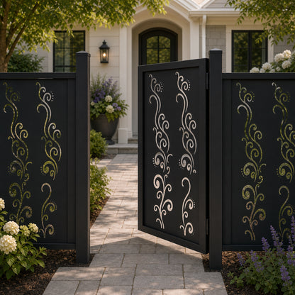 Design 010 abstract scroll line black aluminium side gate open view
