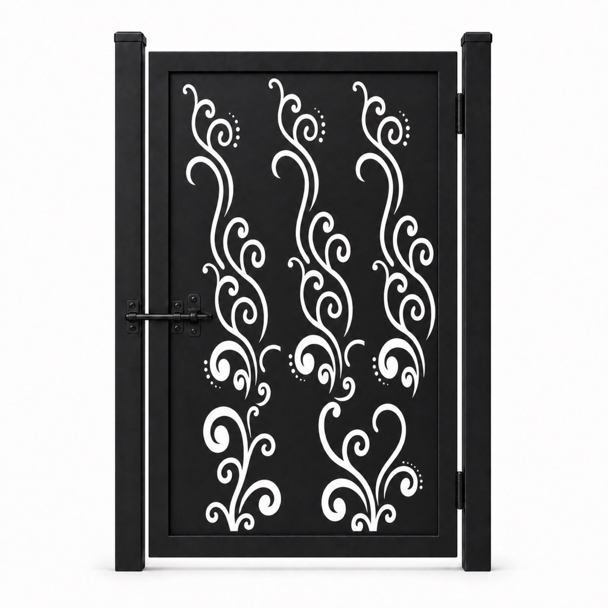 Design 010 abstract scroll line black laser cut metal pedestrian gate closed view
