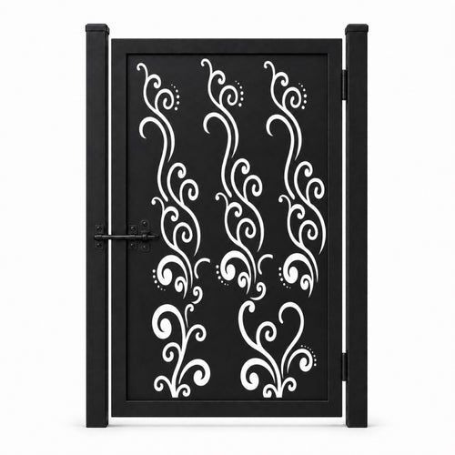 Design 010 abstract scroll line black laser cut metal pedestrian gate closed view