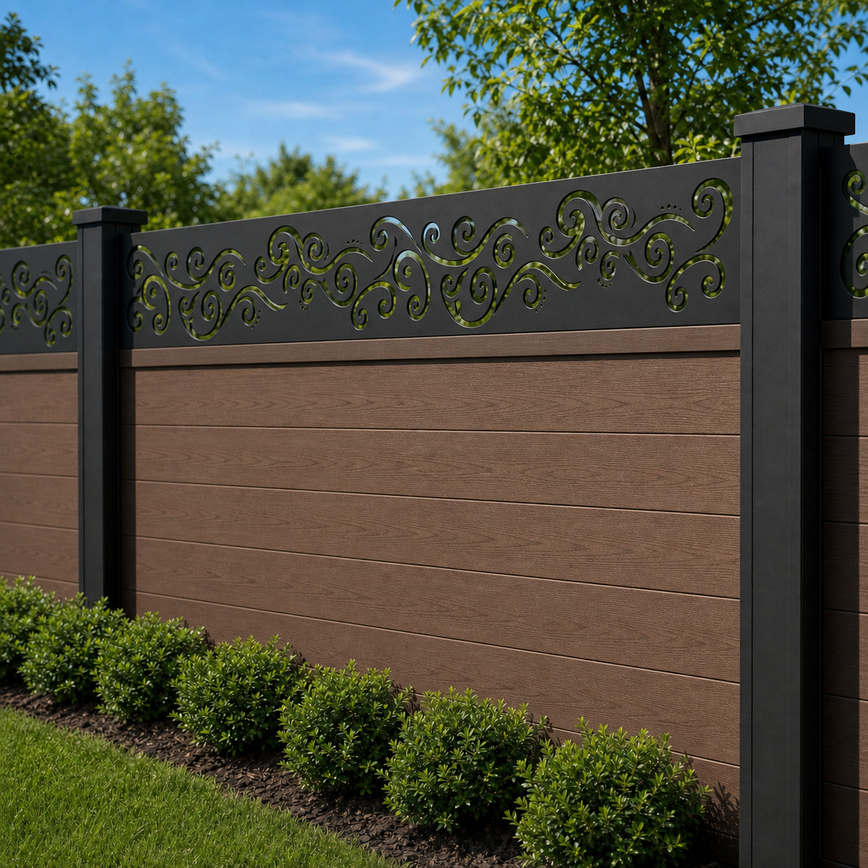Curved Leaf Row laser cut fence extension panel installed on composite fence, angle view, Design 010