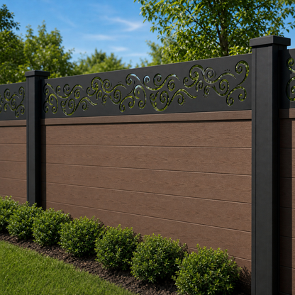 Curved Leaf Row laser cut fence extension panel installed on composite fence, angle view, Design 010