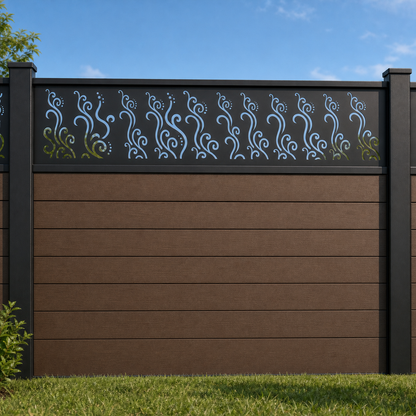 Curved Leaf Row metal fence topper installed above WPC composite privacy fence, front view, Design 010