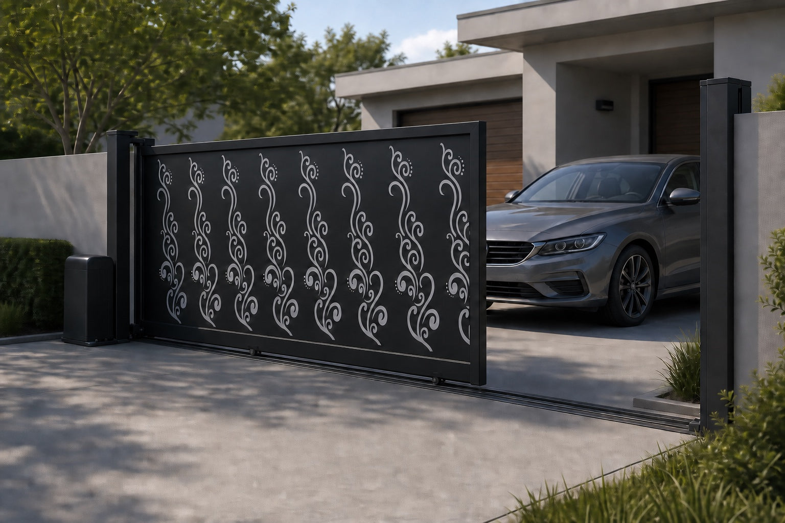 Design 010 decorative security automatic aluminium sliding driveway gate shown half open with car clearance