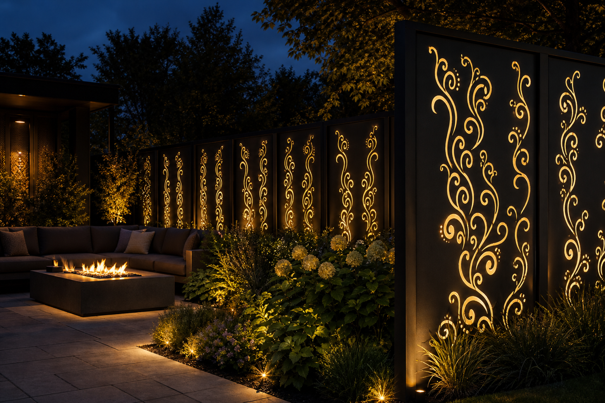 Design 010 Rising Vine Scroll Laser Cut Metal Privacy Screen Panel installed garden night lighting view
