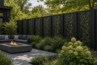Design 011 Abstract Curl Laser Cut Metal Privacy Screen Panel installed garden daylight view