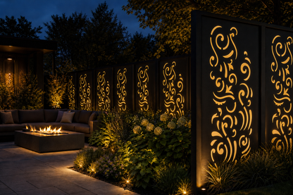 Design 011 Abstract Curl Laser Cut Metal Privacy Screen Panel installed garden night lighting view
