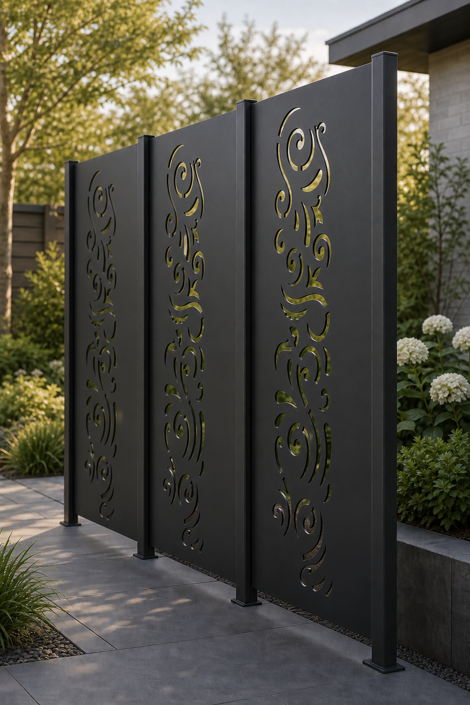 Design 011 Abstract Curl Laser Cut Metal Privacy Screen Panel oblique angle view