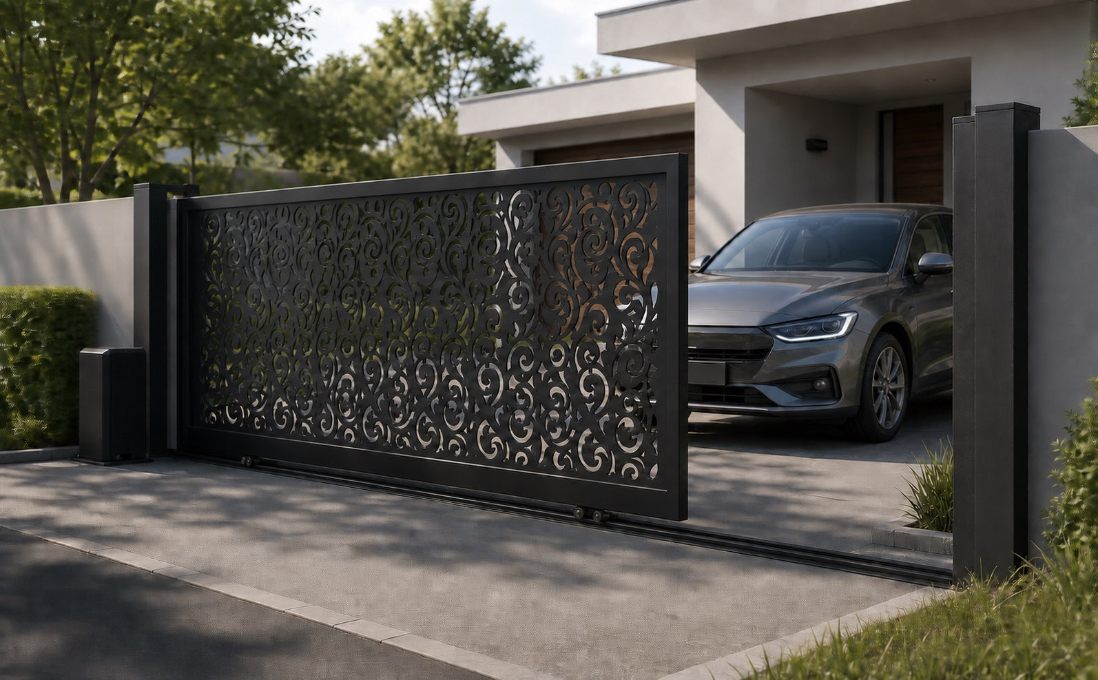 Design 011 decorative driveway automatic aluminium sliding driveway gate shown half open with car clearance