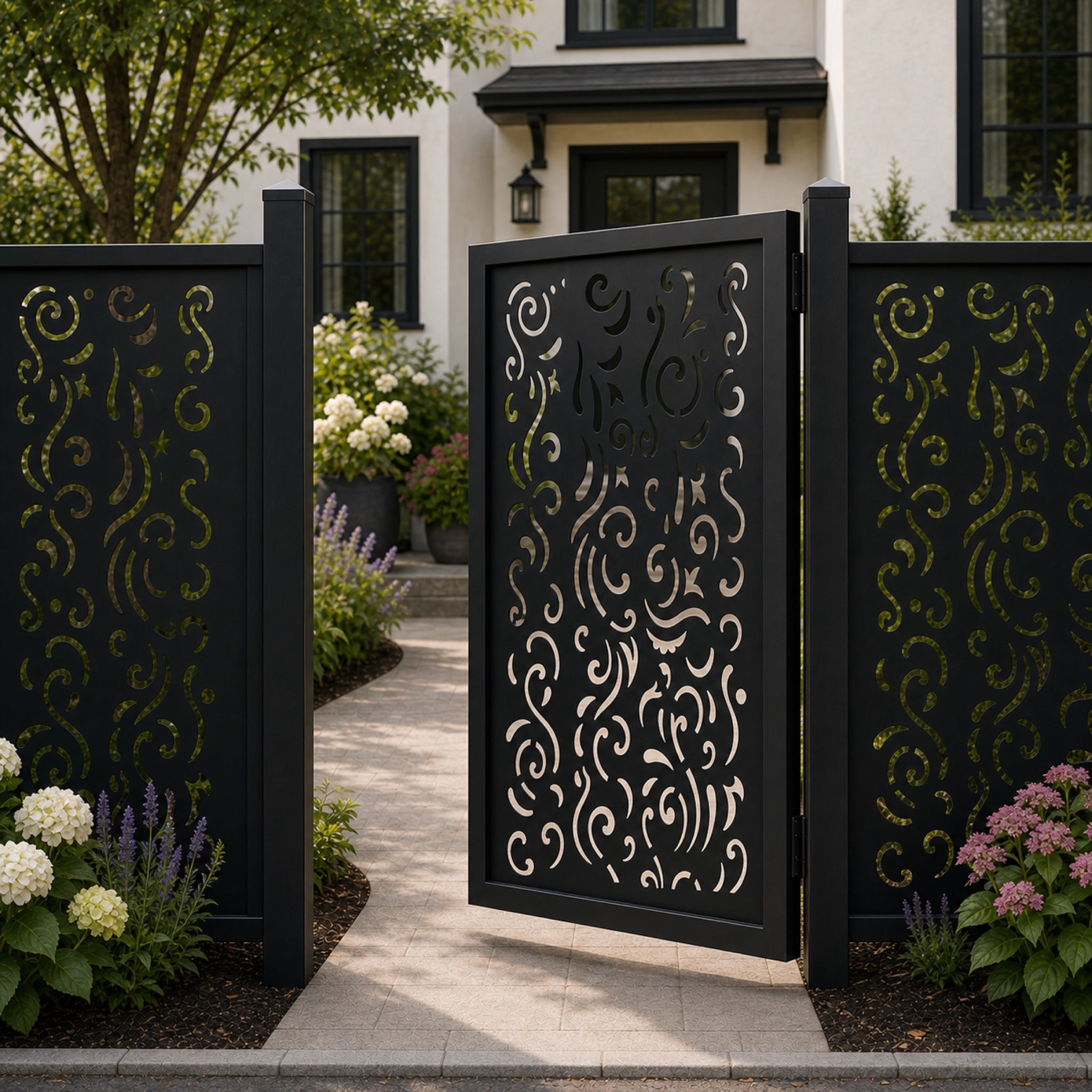 Design 011 fragment scroll line black aluminium side gate open view
