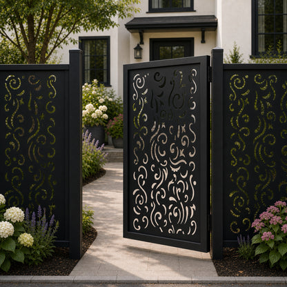 Design 011 fragment scroll line black aluminium side gate open view