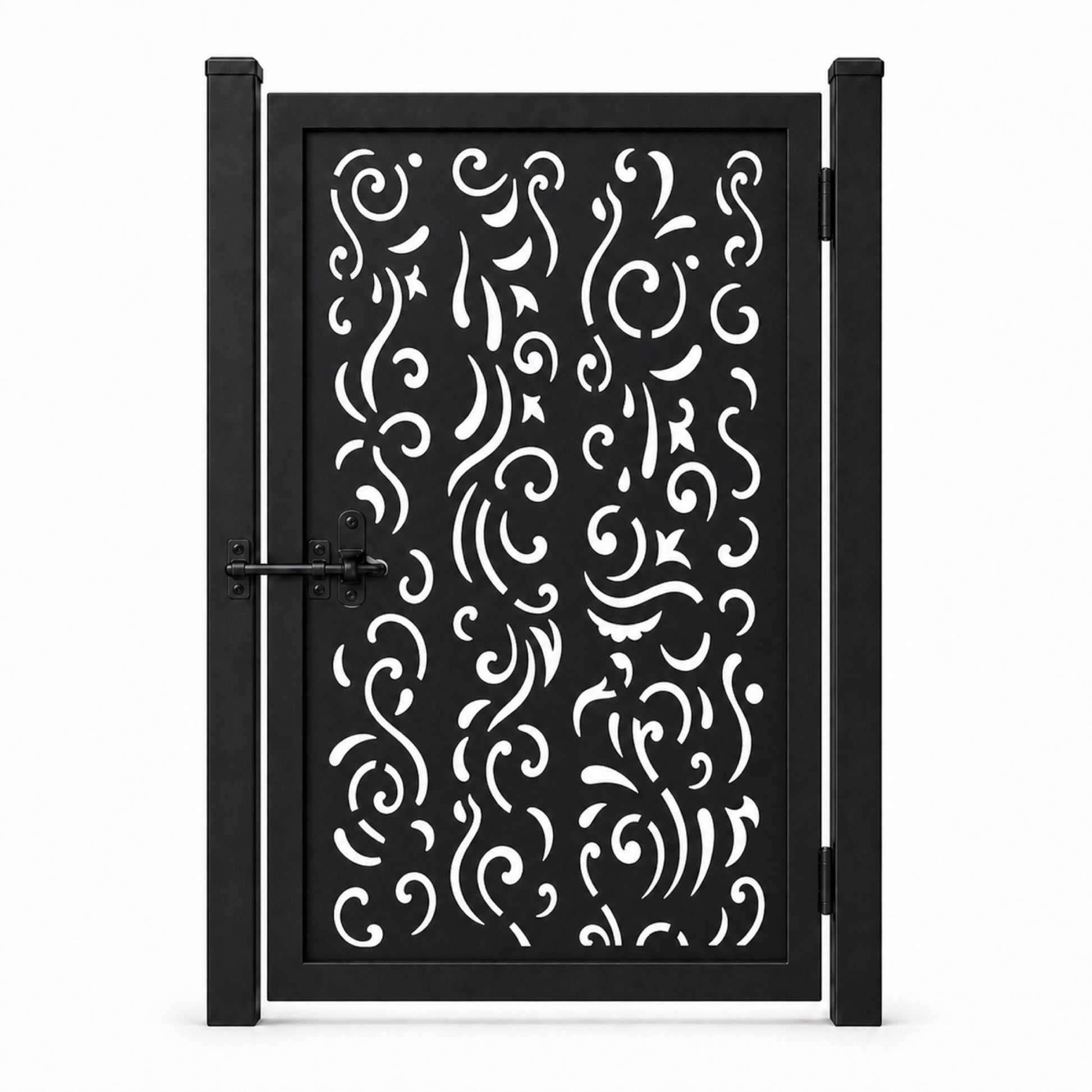 Design 011 fragment scroll line black laser cut metal pedestrian gate closed view
