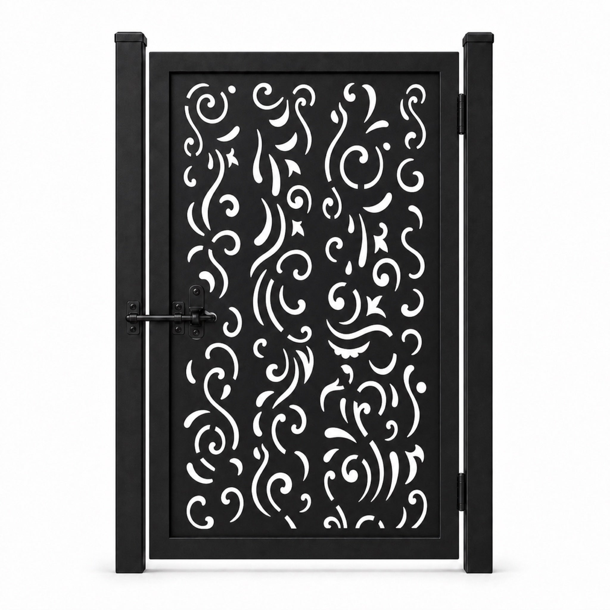 Design 011 fragment scroll line black laser cut metal pedestrian gate closed view
