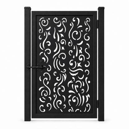 Design 011 fragment scroll line black laser cut metal pedestrian gate closed view