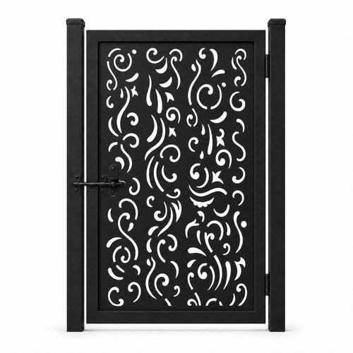 Design 011 fragment scroll line black laser cut metal pedestrian gate closed view