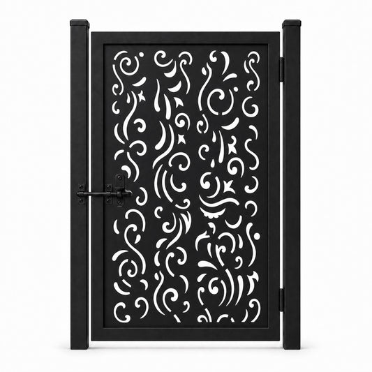 Design 011 fragment scroll line black laser cut metal pedestrian gate closed view