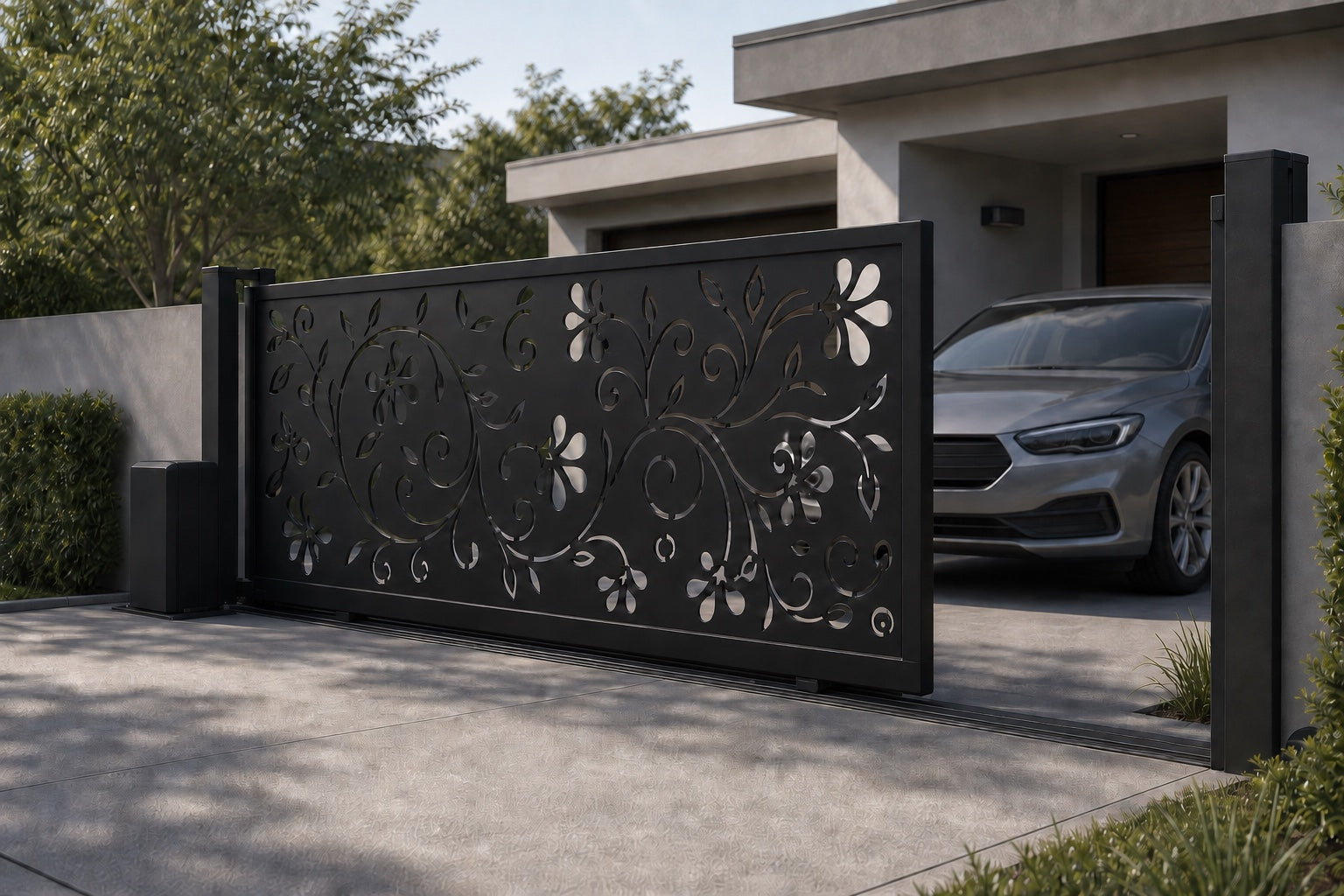 Design 012 decorative aluminium automatic aluminium sliding driveway gate shown half open with car clearance