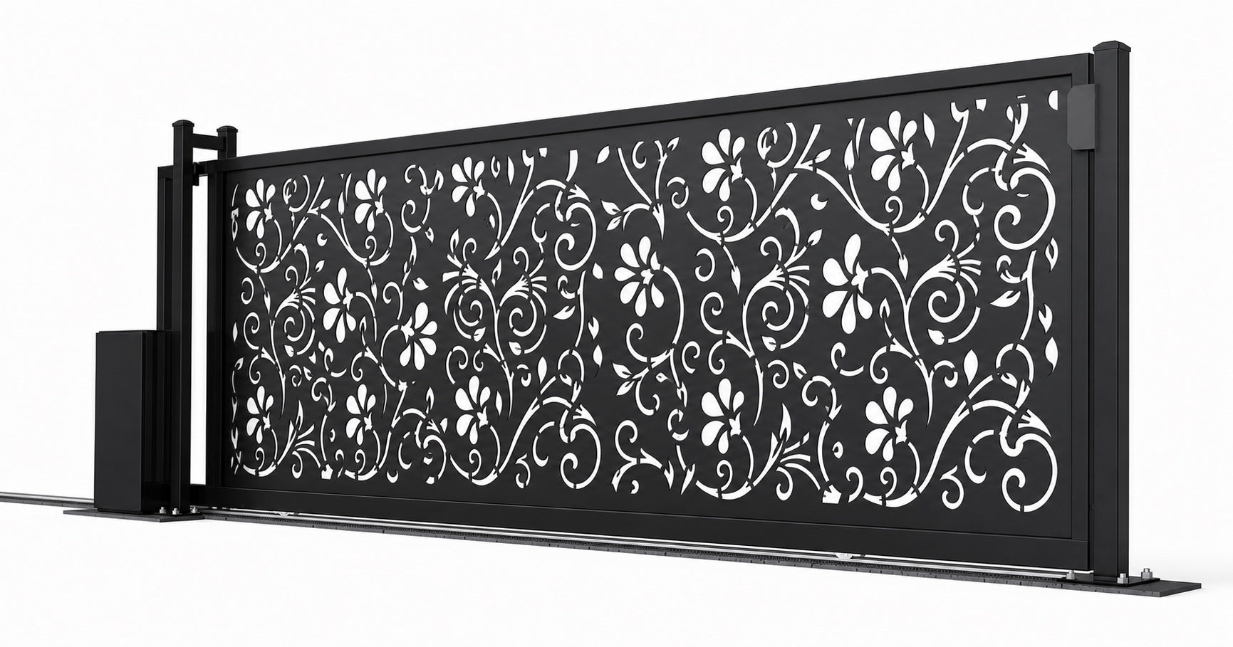 Design 012 decorative aluminium laser cut sliding driveway gate white background product render