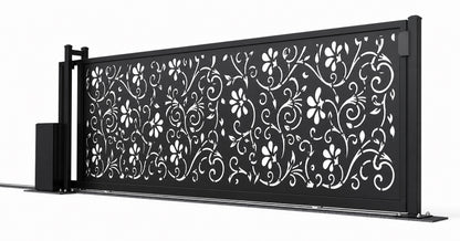 Design 012 decorative aluminium laser cut sliding driveway gate white background product render