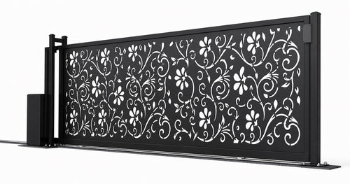 Design 012 decorative aluminium laser cut sliding driveway gate white background product render