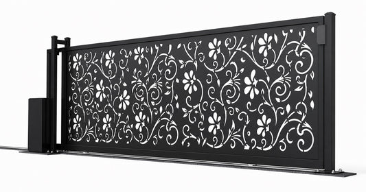 Design 012 decorative aluminium laser cut sliding driveway gate white background product render