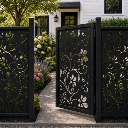 Design 012 floral vine black aluminium side gate open view