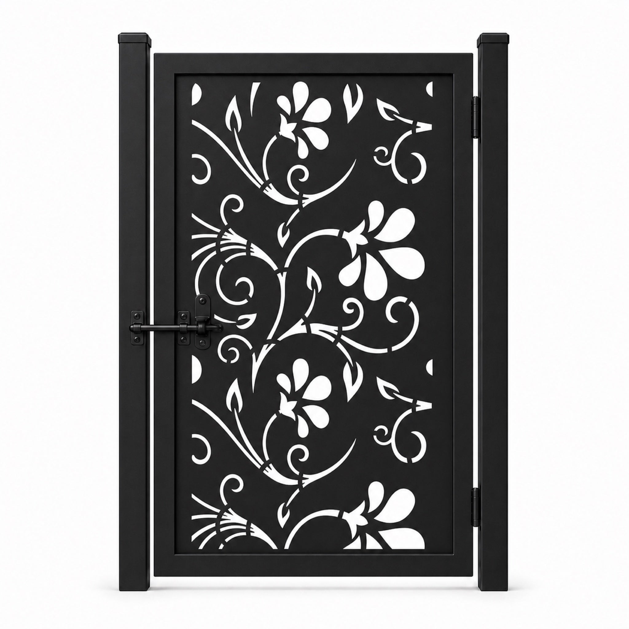 Design 012 floral vine black laser cut metal pedestrian gate closed view