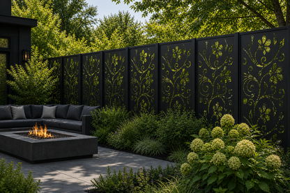 Design 012 Flower Vine Laser Cut Metal Privacy Screen Panel installed garden daylight view