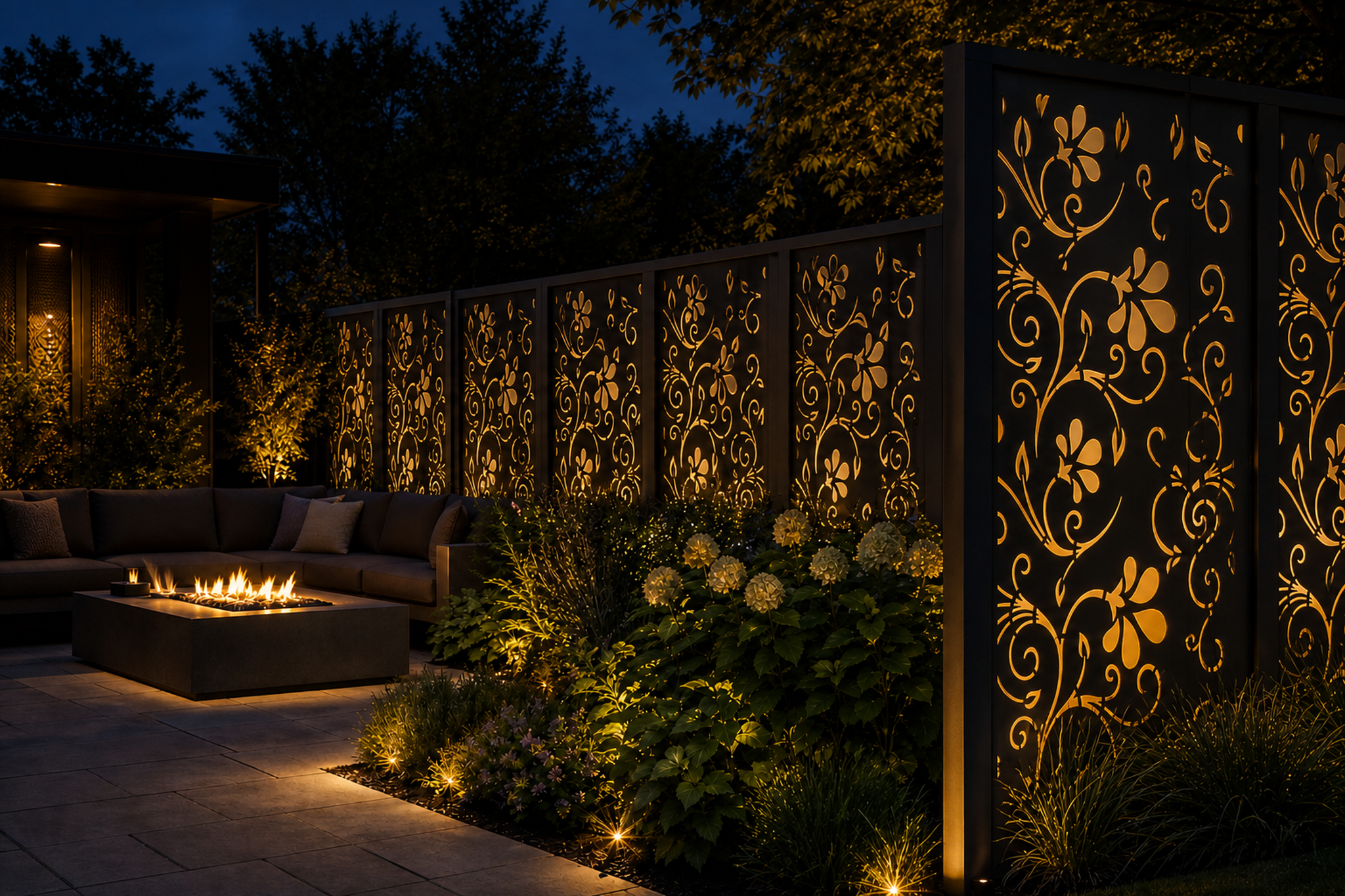 Design 012 Flower Vine Laser Cut Metal Privacy Screen Panel installed garden night lighting view